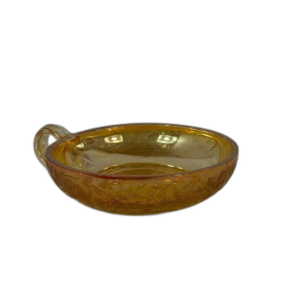 VTG Jeanette One Handle Floragold Candy Dish Glass Amber Leaf Pattern Trinket